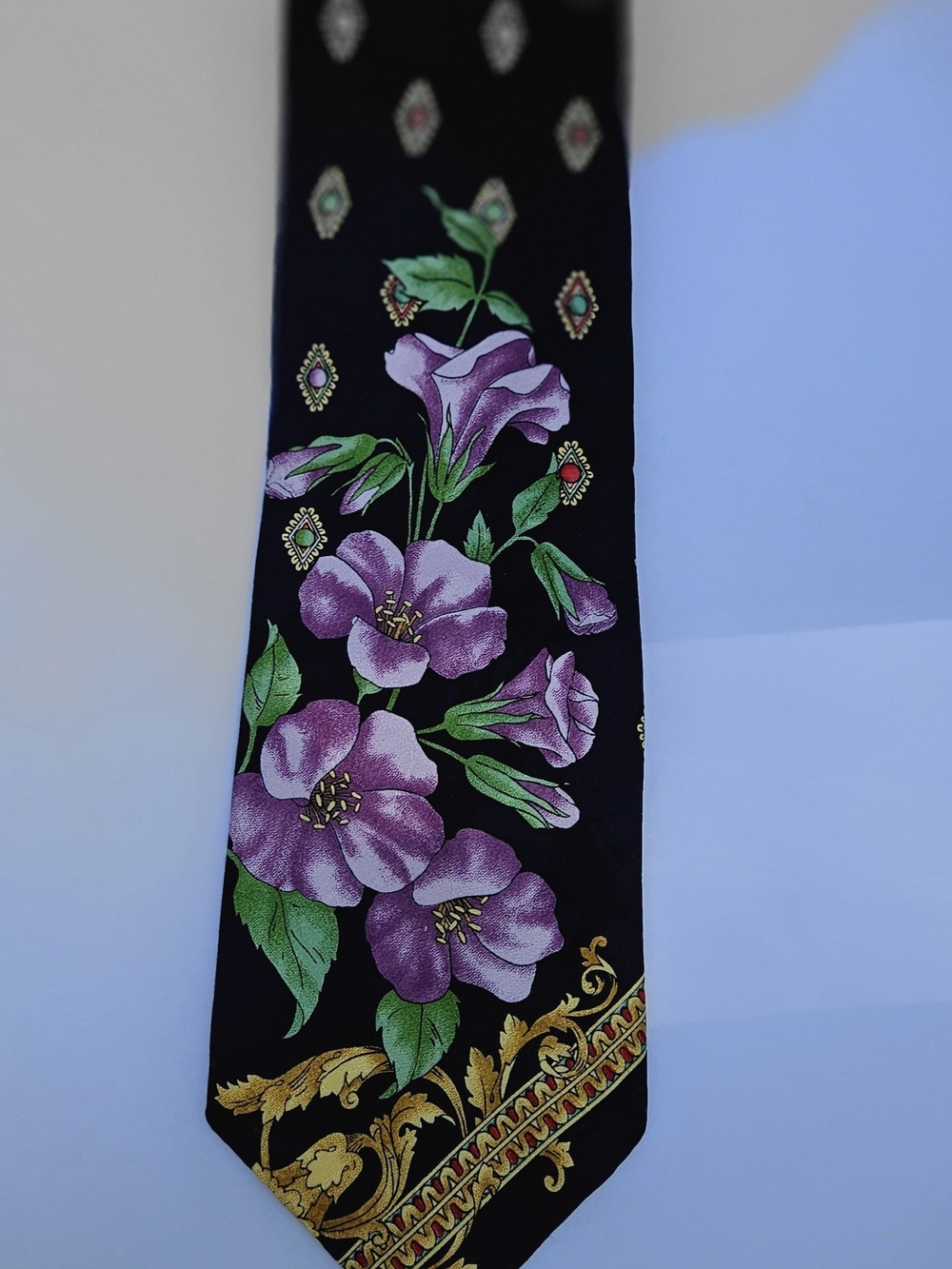 Anthony Sicari-Men's Black Tie with Purple Floral and Gold Accents